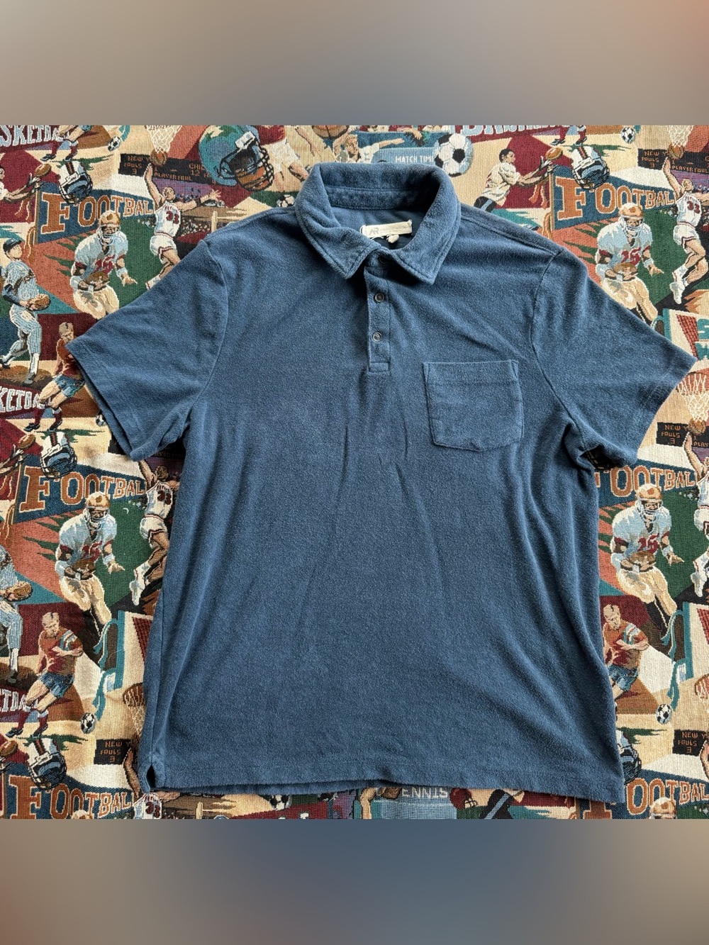 Men’s American Vintage Navy Blue Terry Cloth Polo Shorts Sleeve Shirt